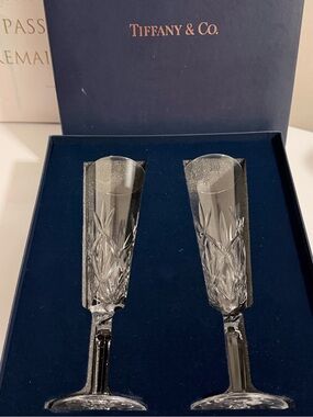 Tiffany & Co. Clear Crystal Cut Champagne Flutes with Navy Presentation Box